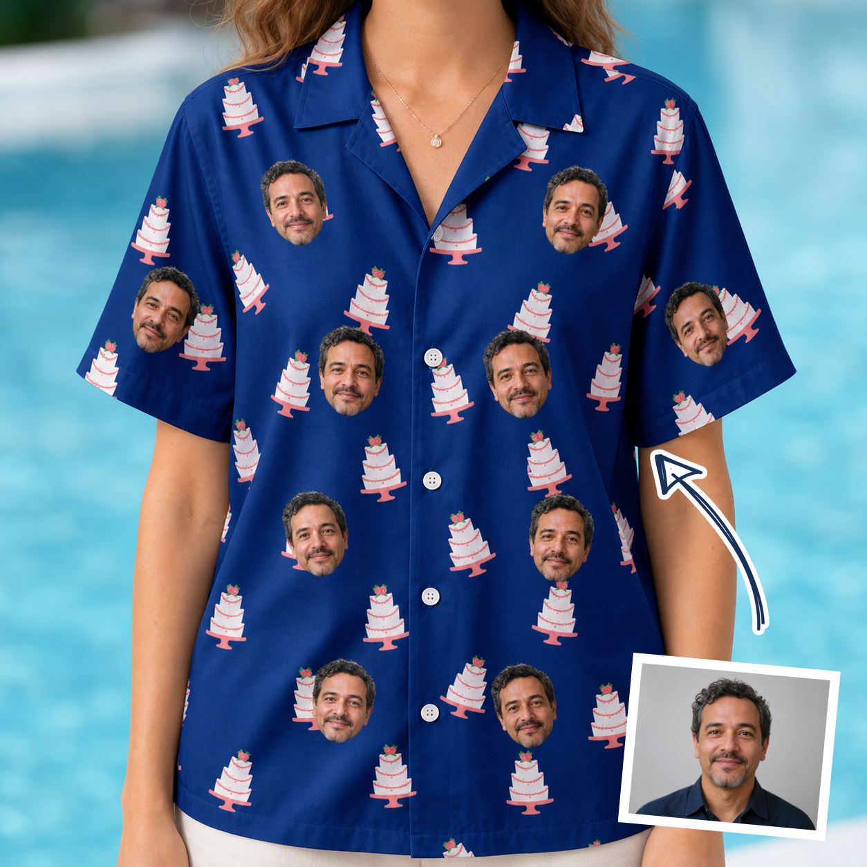 Woman wearing Women's Marzipan Marina Custom Face Hawaiian Shirt — custom faces printed all-over
