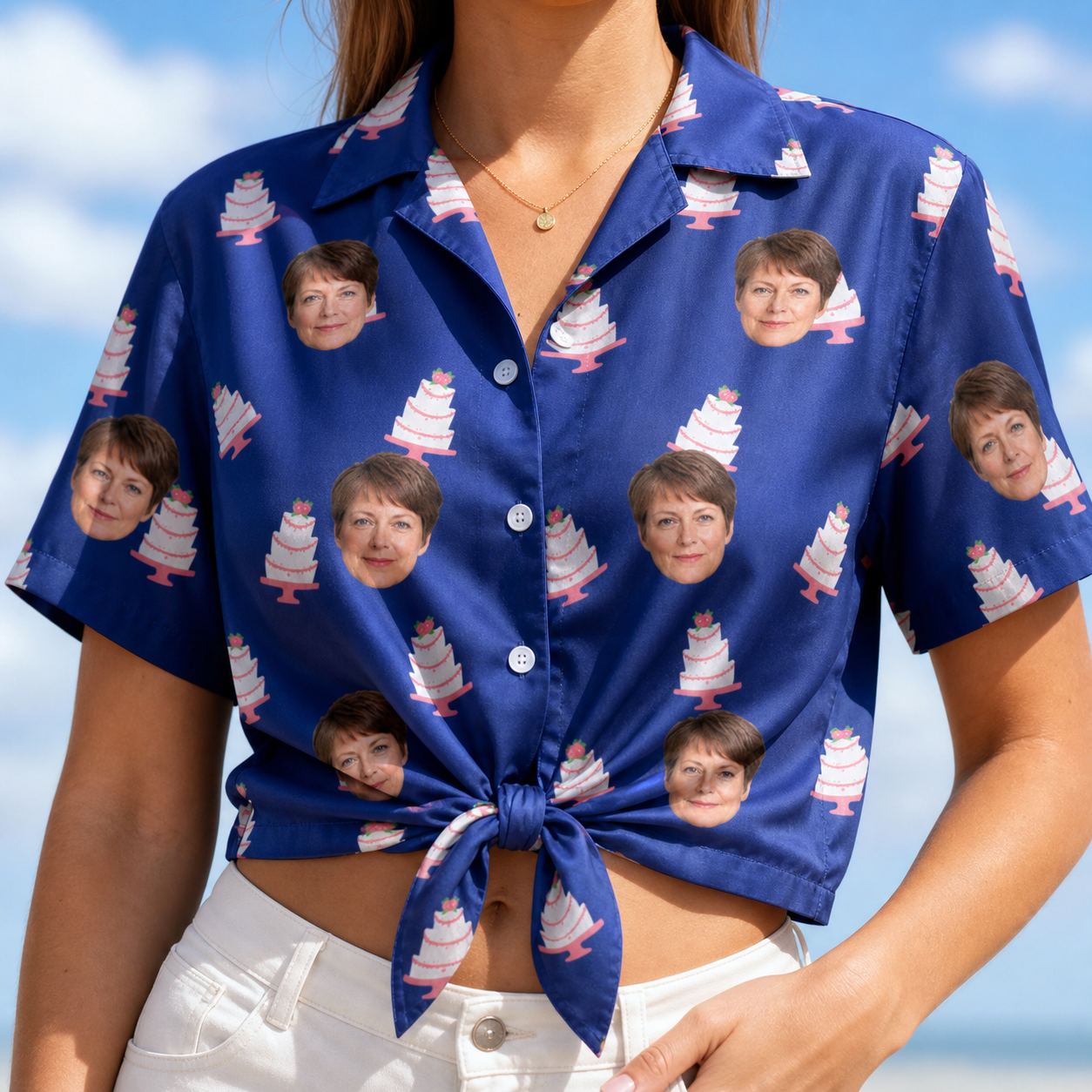 Woman wearing Women's Marzipan Marina Custom Face Hawaiian Shirt tied at the waist