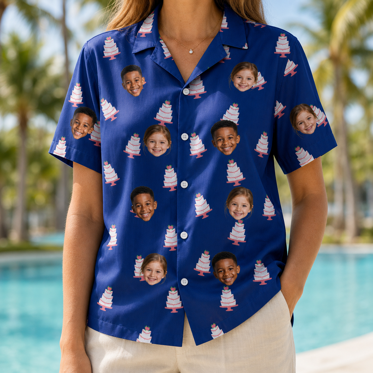 Model wearing Women's Marzipan Marina Custom Face Hawaiian Shirt printed with kids' faces