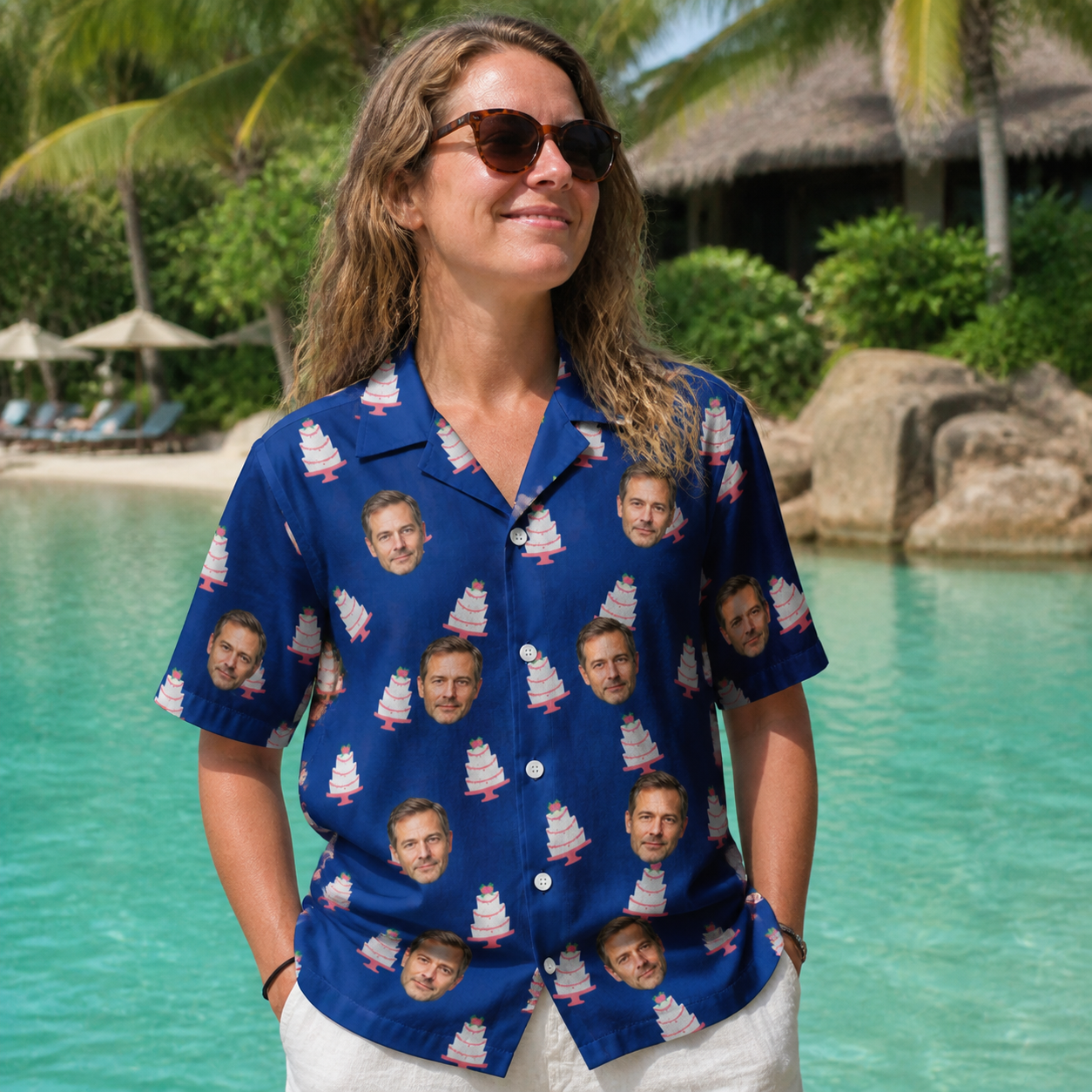Real-life photo of someone wearing Women's Marzipan Marina Custom Face Hawaiian Shirt — custom faces printed all-over