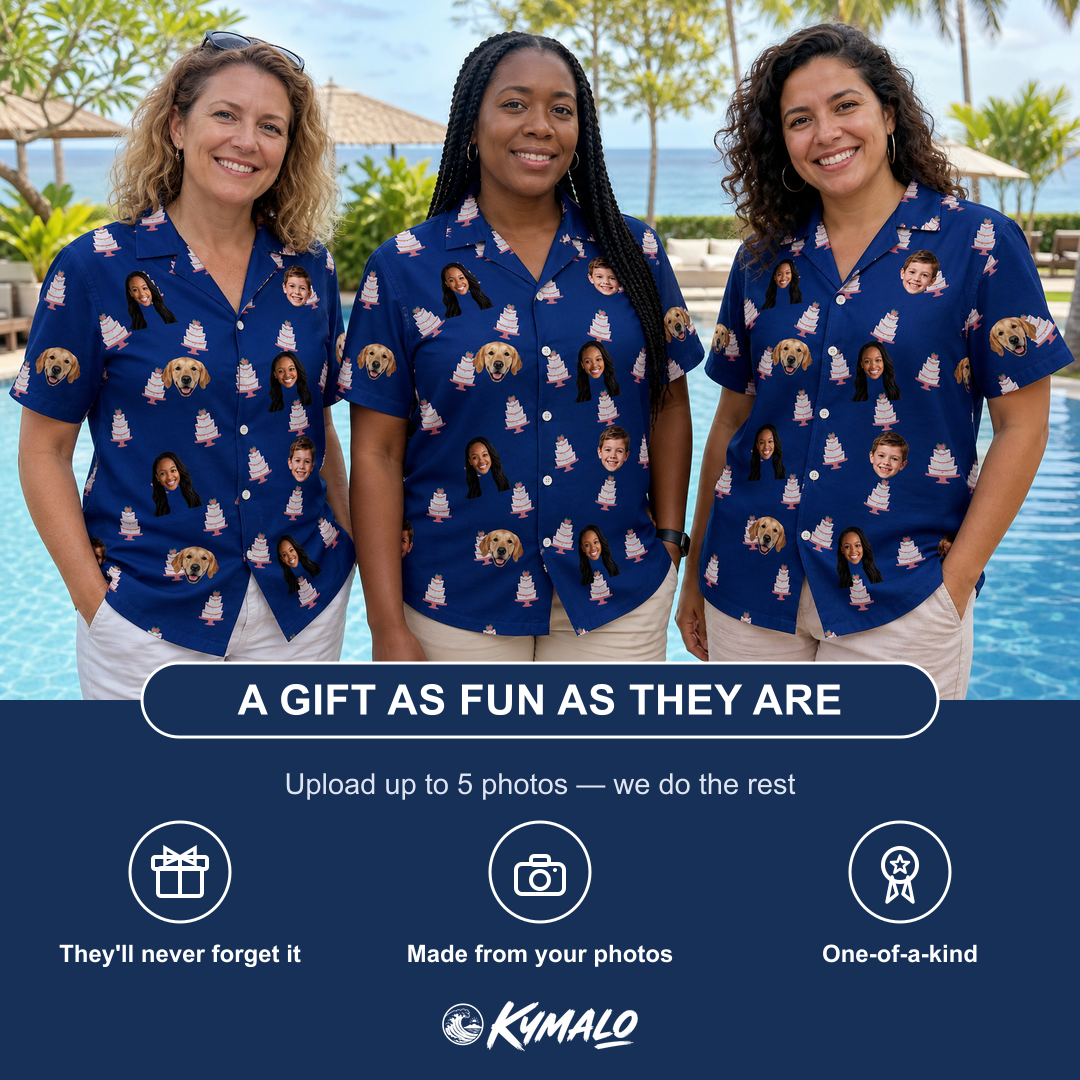Friends in matching Women's Marzipan Marina Custom Face Hawaiian Shirt — a group gift photo