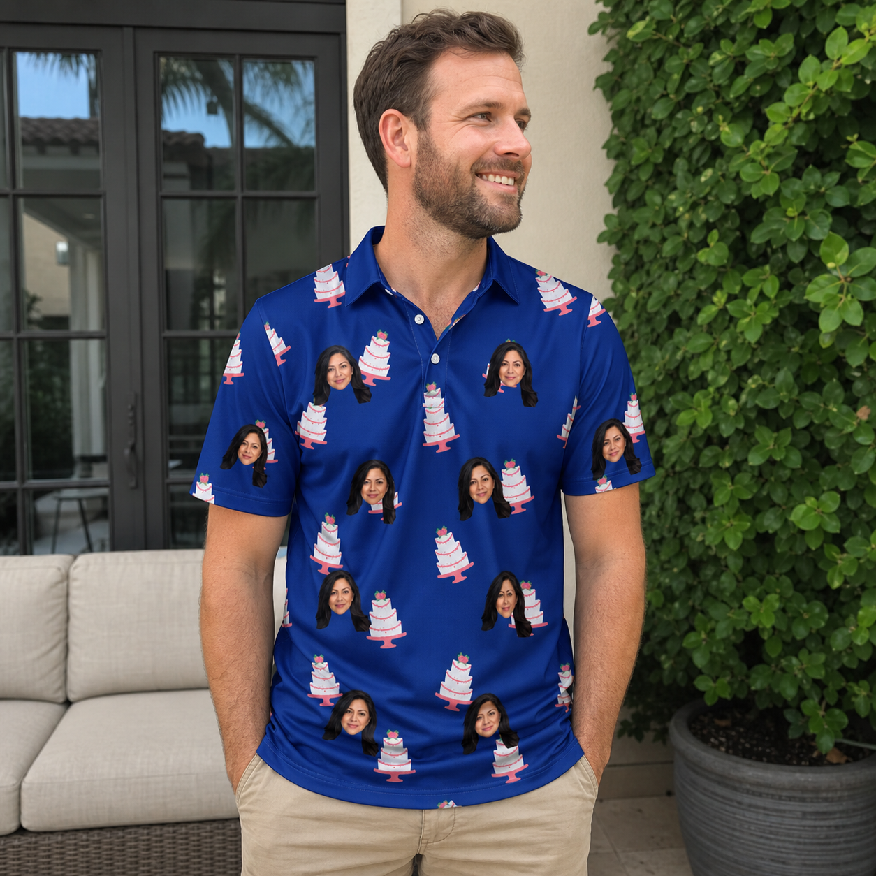 Real-life photo of someone wearing Men's Marzipan Marina Custom Face Polo Shirt — custom faces printed all-over