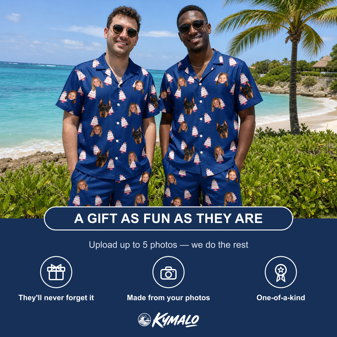 Friends in matching Men's Marzipan Marina Custom Face Shirt & Shorts Set — a group gift photo