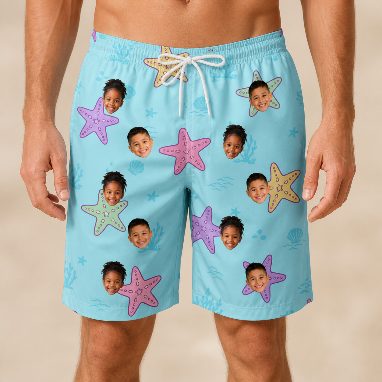 Model wearing Men's Nautical Nuptials Custom Face Beach Shorts printed with kids' faces