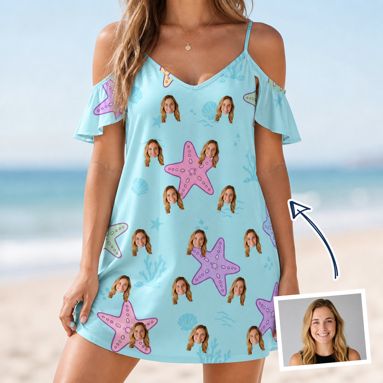 Woman wearing Women's Nautical Nuptials Custom Face Off-Shoulder Dress — custom faces printed all-over