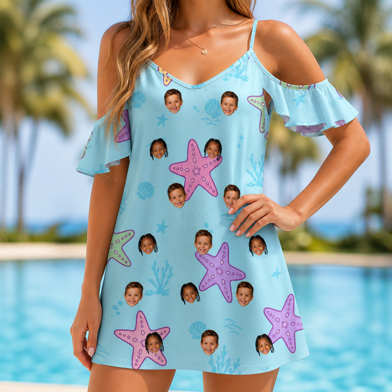 Model wearing Women's Nautical Nuptials Custom Face Off-Shoulder Dress printed with kids' faces