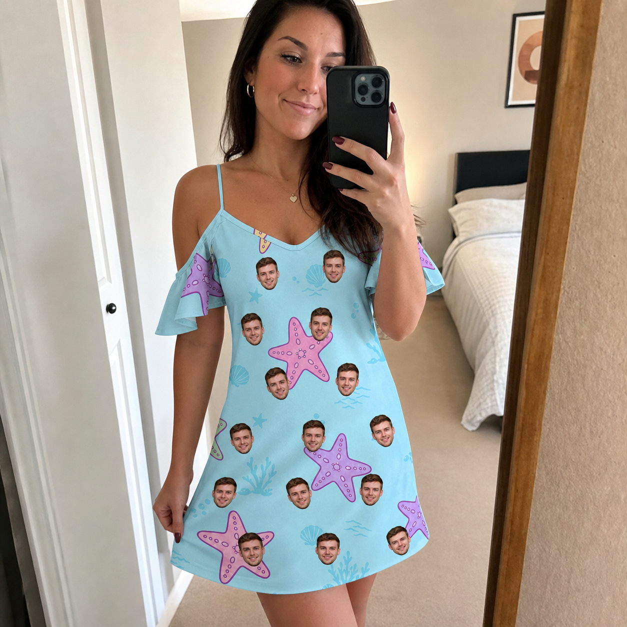 Real-life photo of someone wearing Women's Nautical Nuptials Custom Face Off-Shoulder Dress — custom faces printed all-over