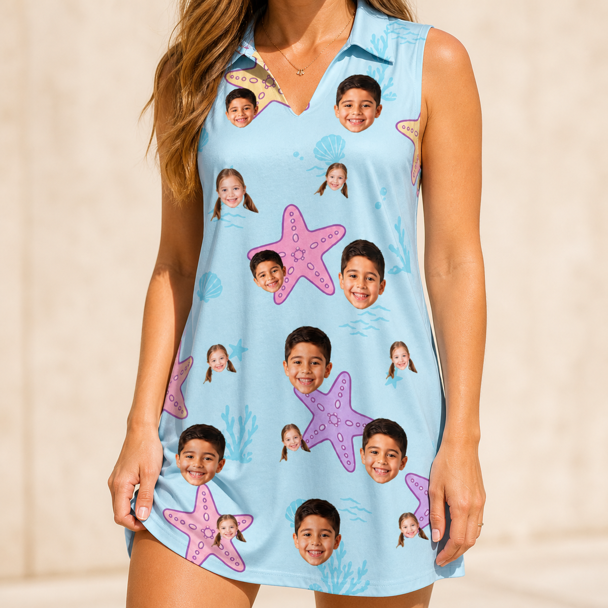 Model wearing Women's Nautical Nuptials Custom Face V-Neck Dress printed with kids' faces