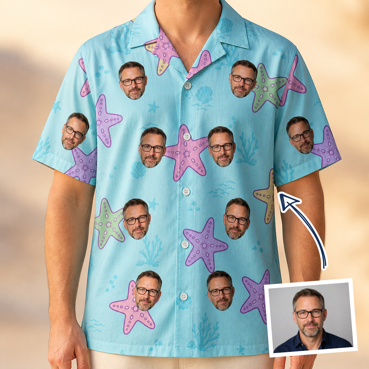 Man wearing Men's Nautical Nuptials Custom Face Hawaiian Shirt — custom faces printed all-over