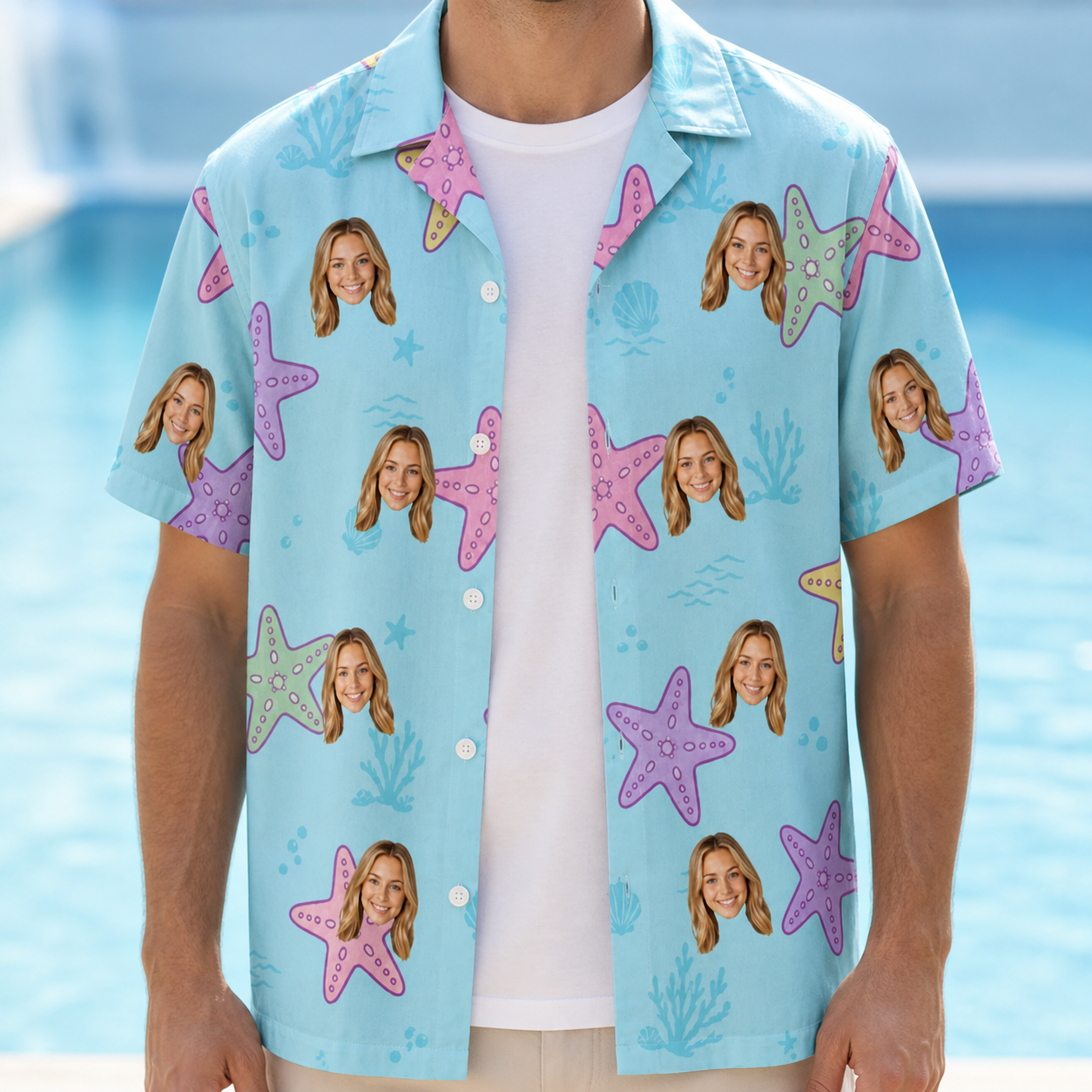 Man wearing Men's Nautical Nuptials Custom Face Hawaiian Shirt open over a white tee