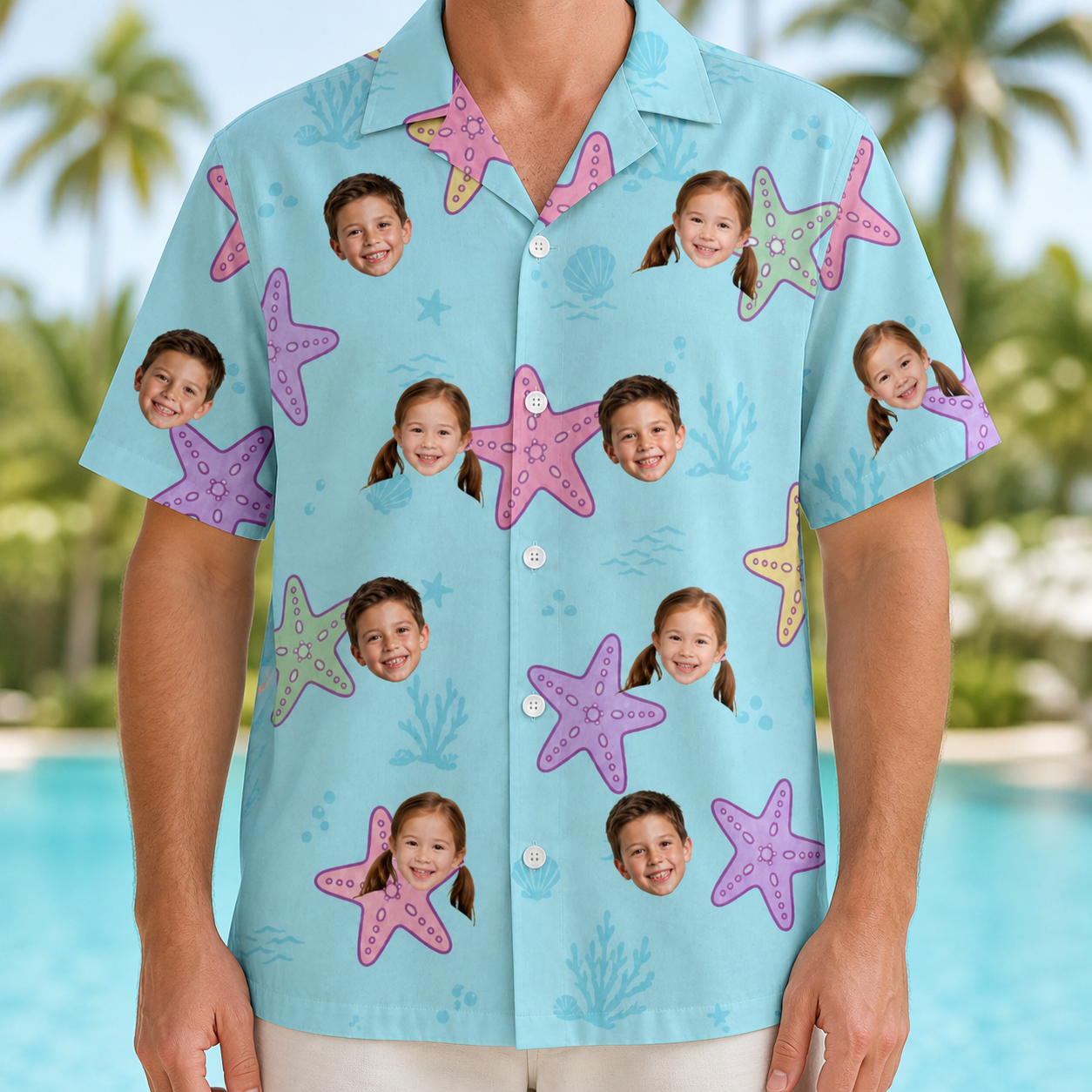 Model wearing Men's Nautical Nuptials Custom Face Hawaiian Shirt printed with kids' faces
