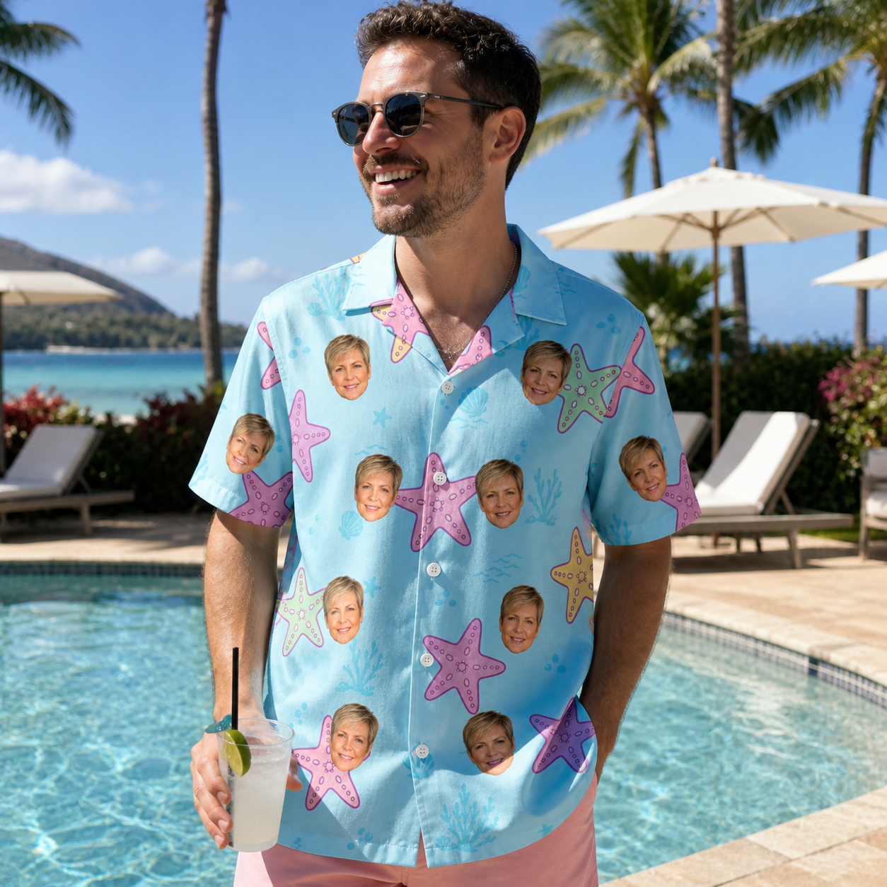 Real-life photo of someone wearing Men's Nautical Nuptials Custom Face Hawaiian Shirt — custom faces printed all-over