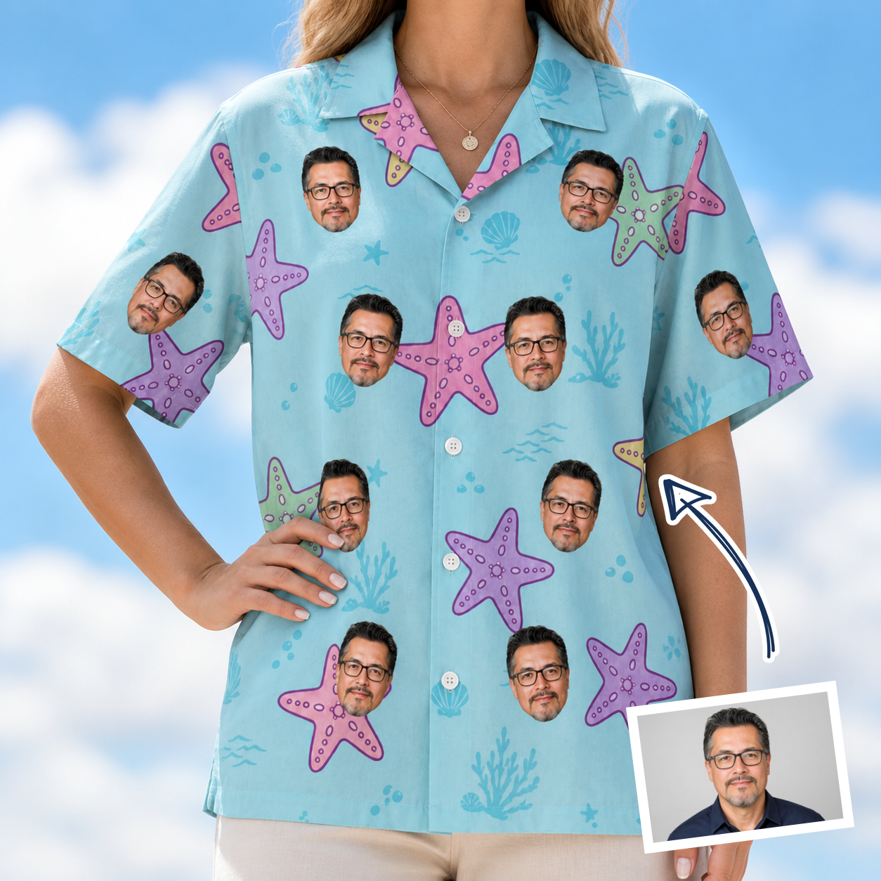 Woman wearing Women's Nautical Nuptials Custom Face Hawaiian Shirt — custom faces printed all-over
