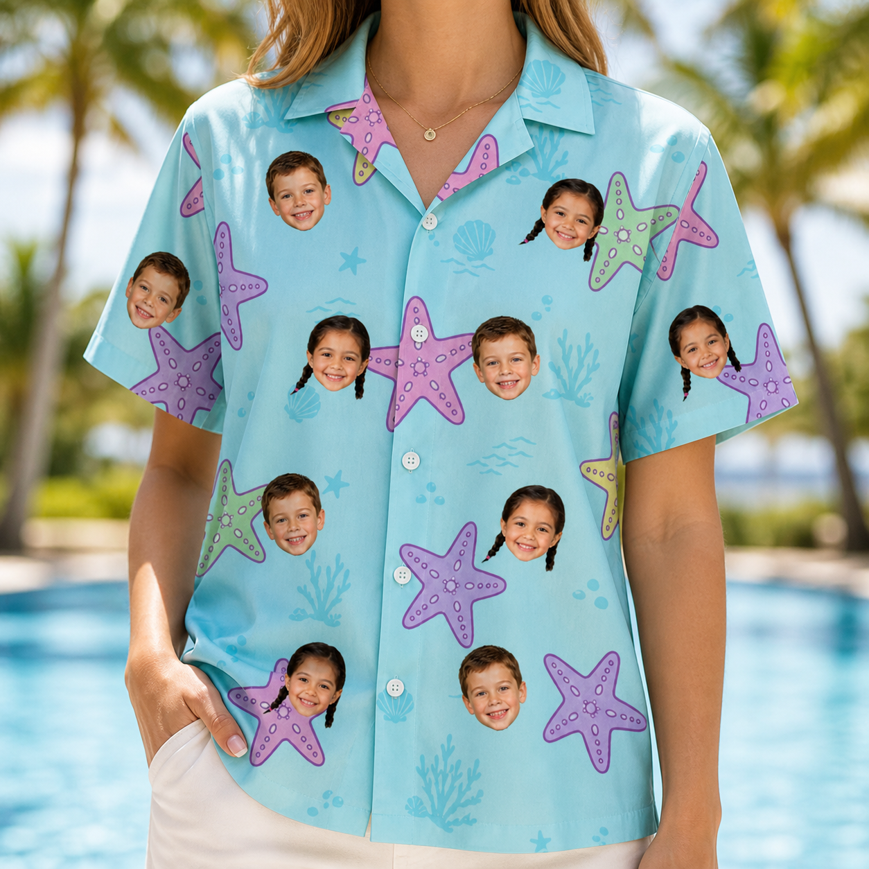 Model wearing Women's Nautical Nuptials Custom Face Hawaiian Shirt printed with kids' faces