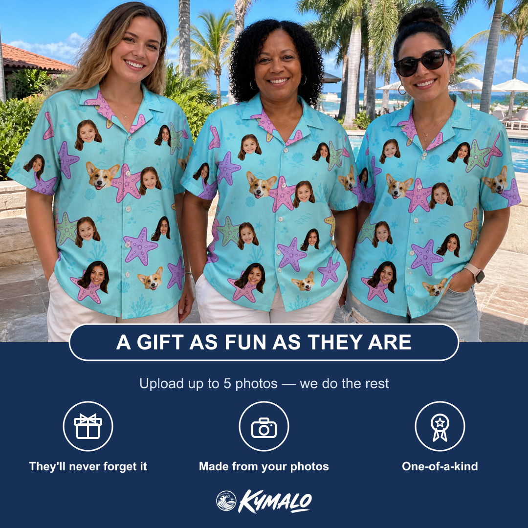 Friends in matching Women's Nautical Nuptials Custom Face Hawaiian Shirt — a group gift photo