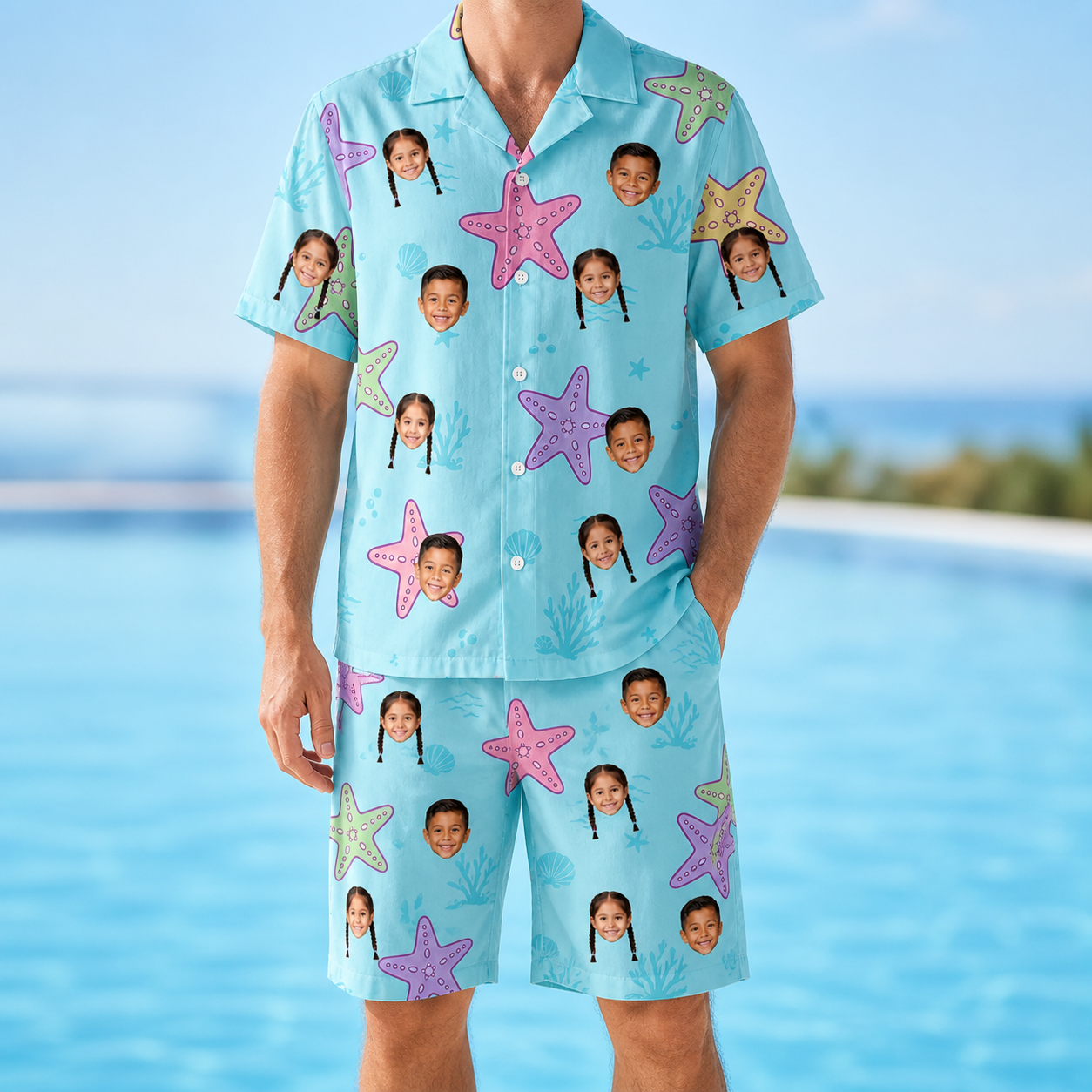 Model wearing Men's Nautical Nuptials Custom Face Shirt & Shorts Set printed with kids' faces