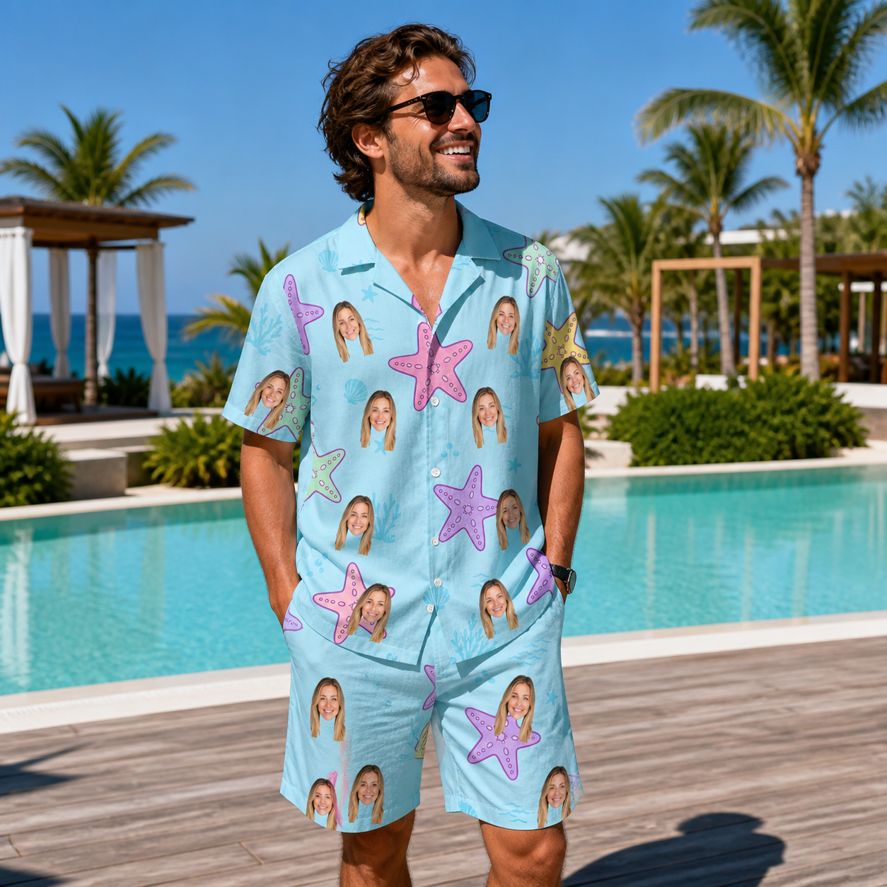 Real-life photo of someone wearing Men's Nautical Nuptials Custom Face Shirt & Shorts Set — custom faces printed all-over