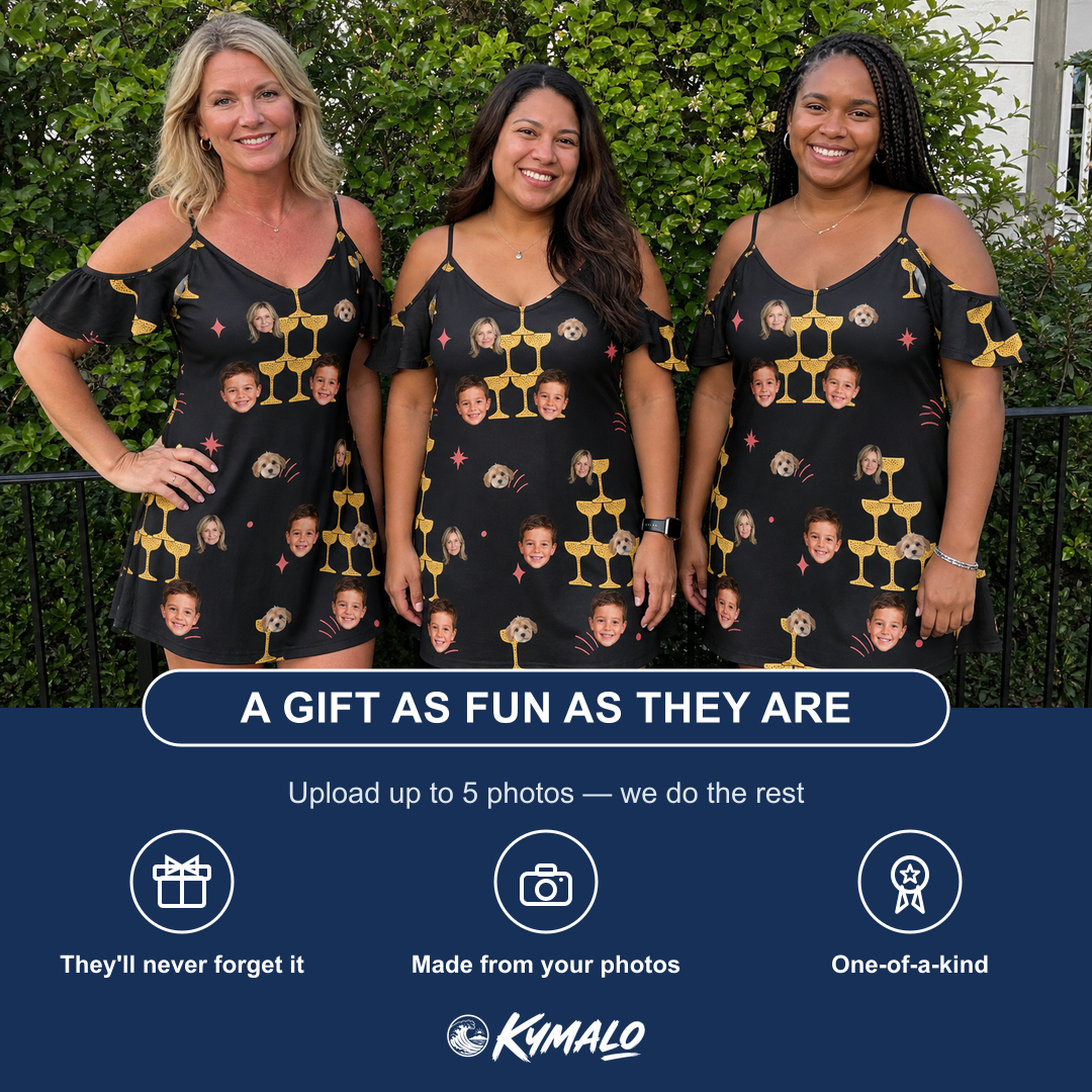 Friends in matching Women's Shoreline Cheers Custom Face Off-Shoulder Dress — a group gift photo