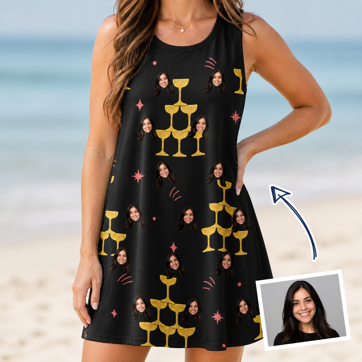 Woman wearing Women's Shoreline Cheers Custom Face Tank Dress — custom faces printed all-over