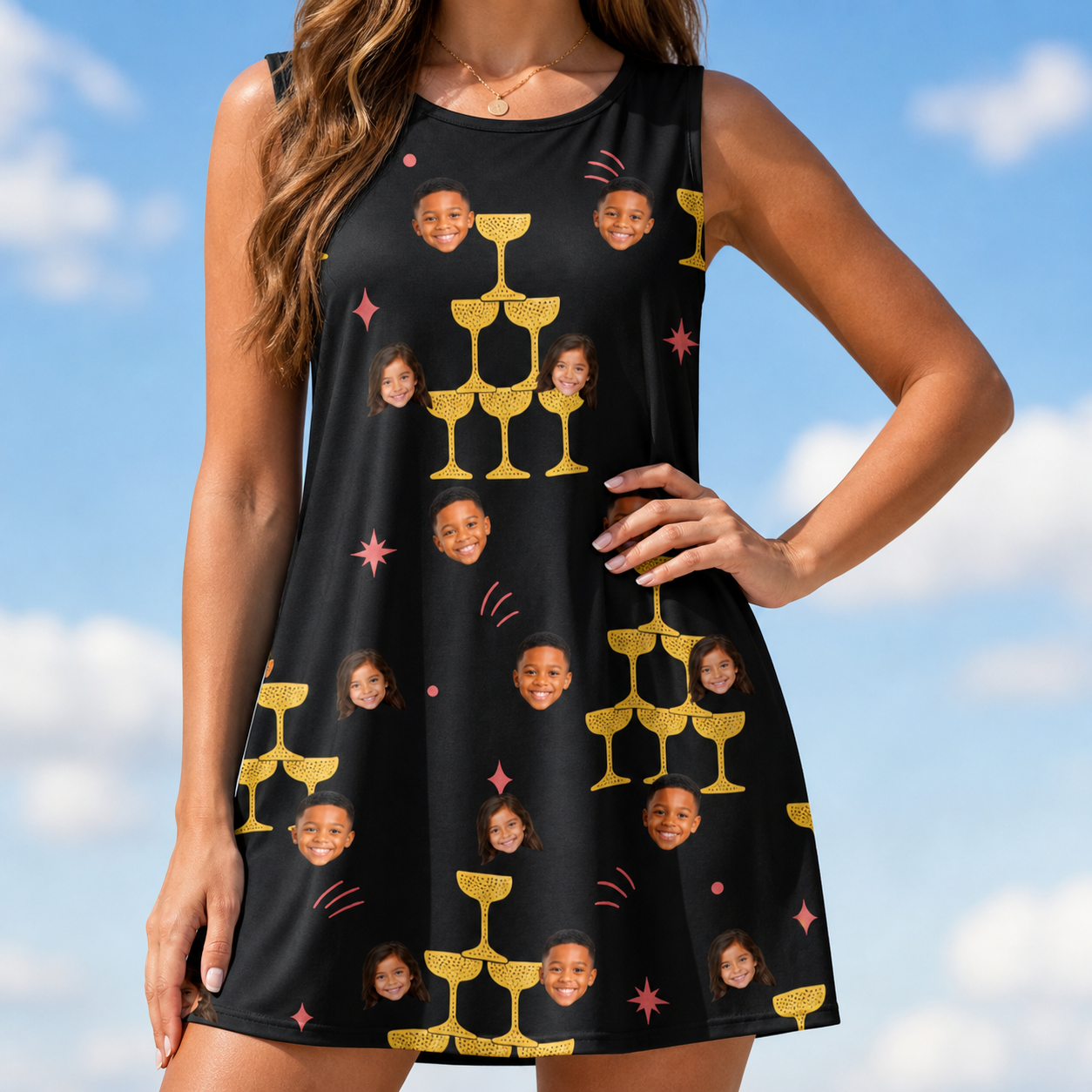 Model wearing Women's Shoreline Cheers Custom Face Tank Dress printed with kids' faces