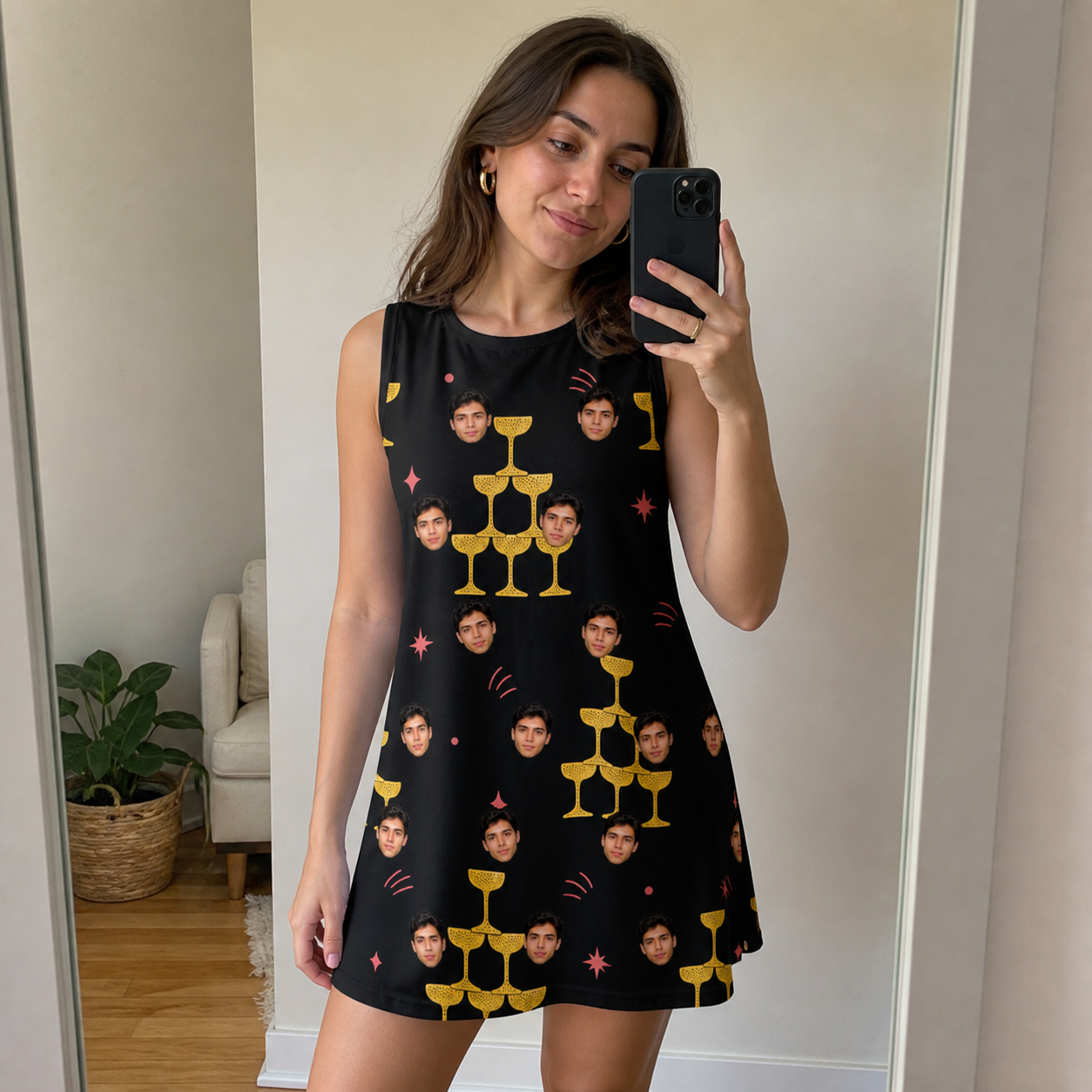 Real-life photo of someone wearing Women's Shoreline Cheers Custom Face Tank Dress — custom faces printed all-over