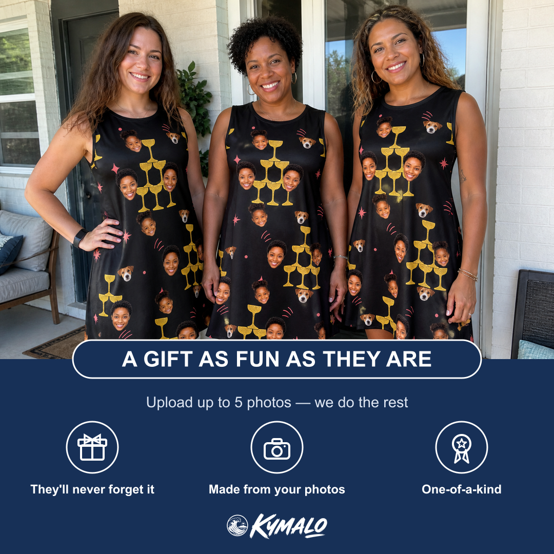 Friends in matching Women's Shoreline Cheers Custom Face Tank Dress — a group gift photo