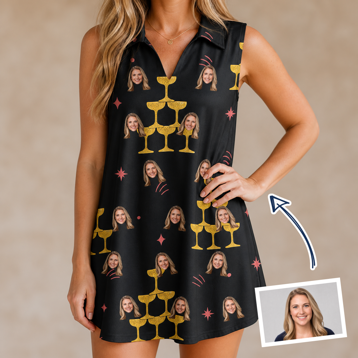 Woman wearing Women's Shoreline Cheers Custom Face V-Neck Dress — custom faces printed all-over