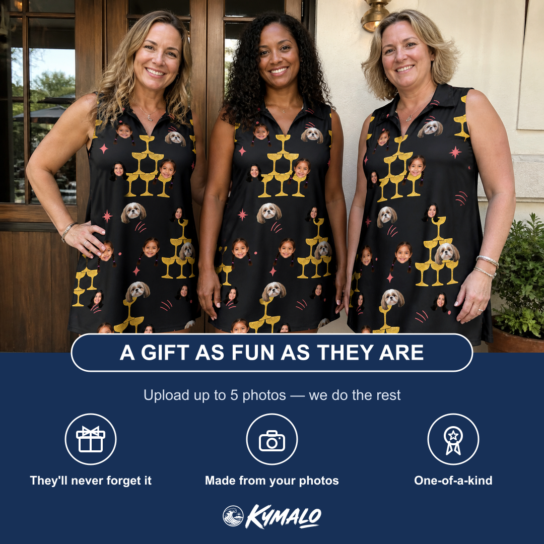 Friends in matching Women's Shoreline Cheers Custom Face V-Neck Dress — a group gift photo