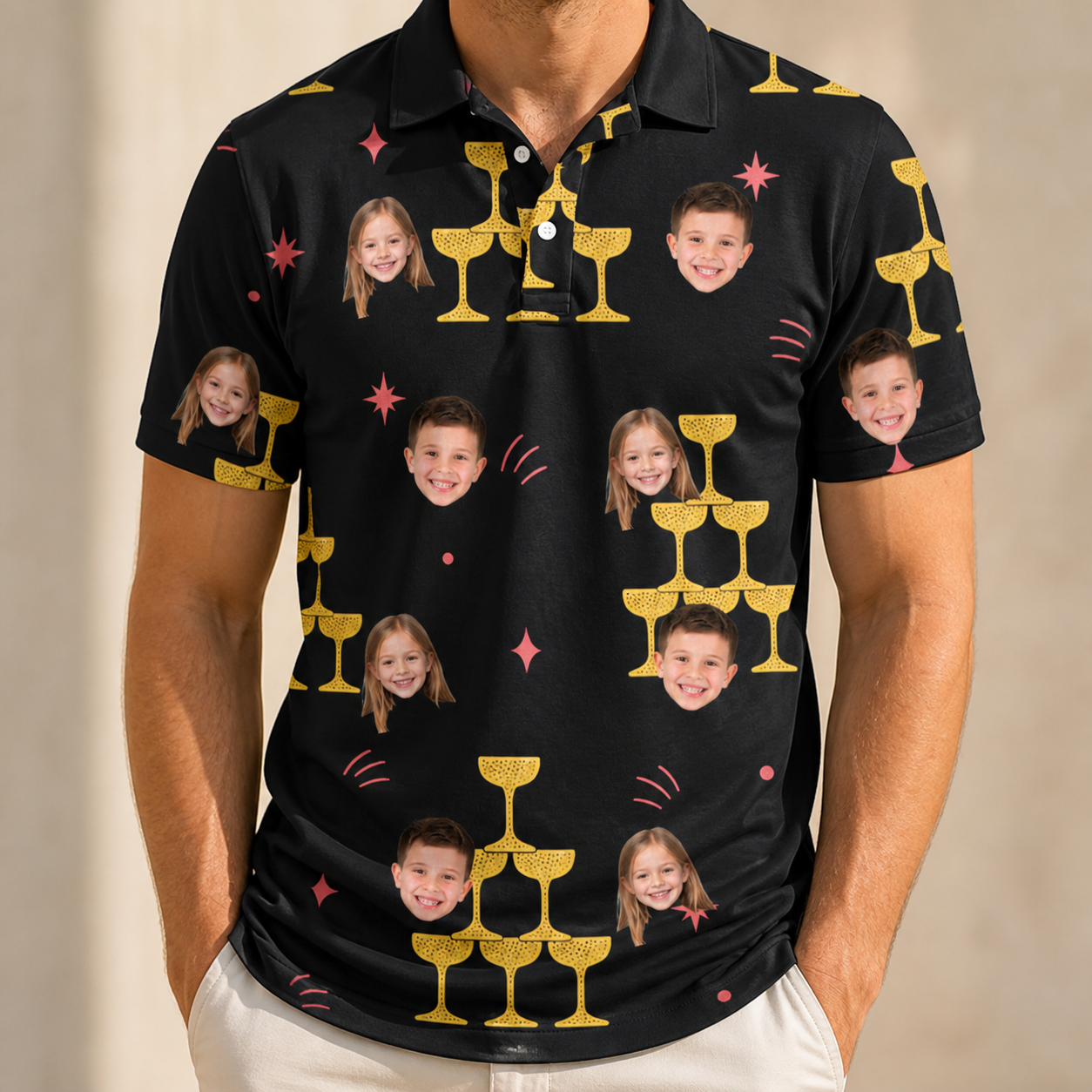 Model wearing Men's Shoreline Cheers Custom Face Polo Shirt printed with kids' faces