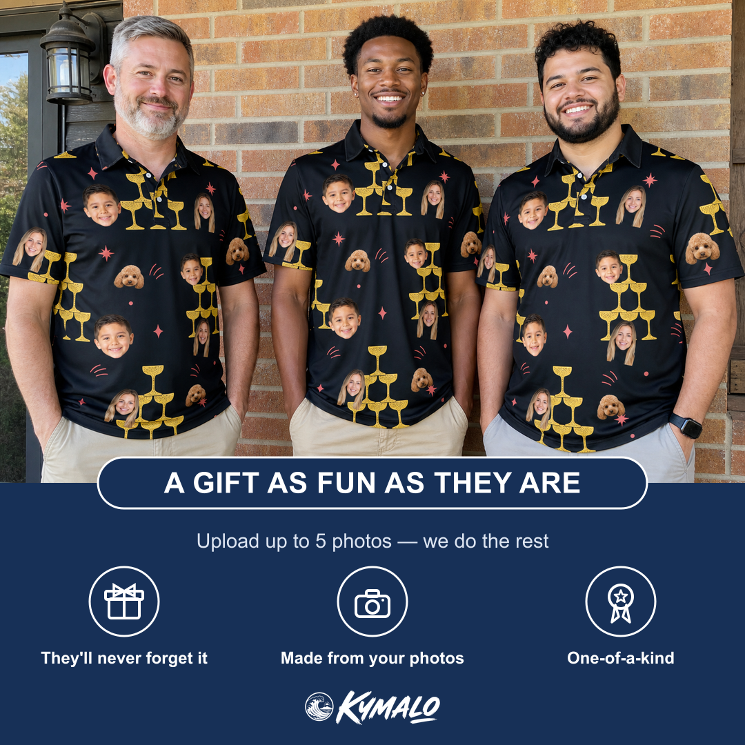 Friends in matching Men's Shoreline Cheers Custom Face Polo Shirt — a group gift photo