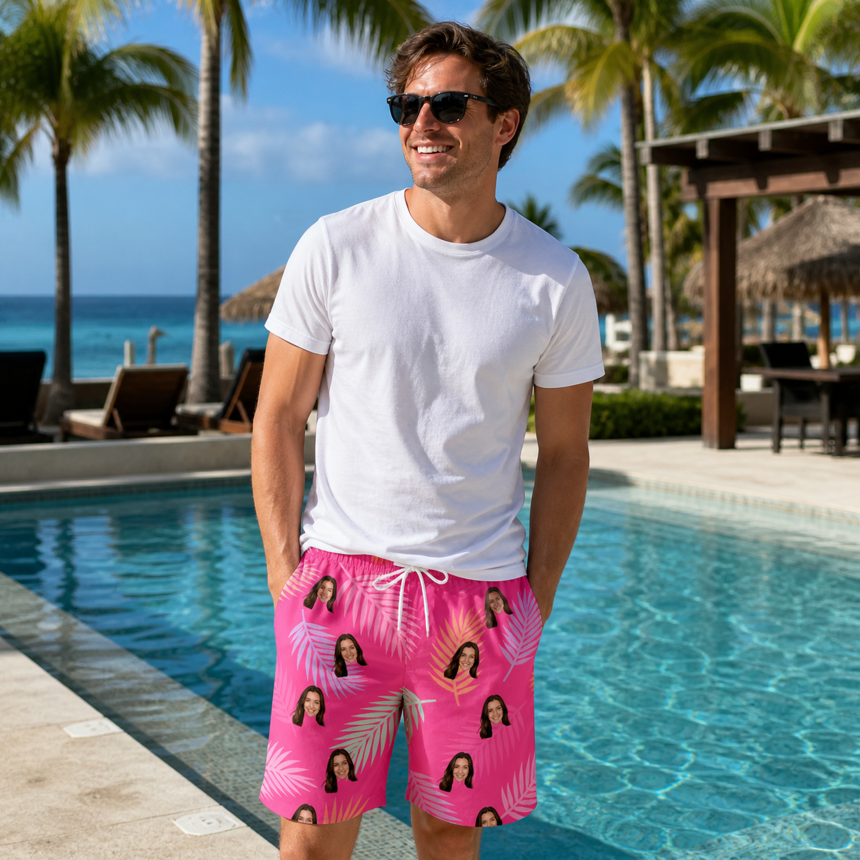 Real-life photo of someone wearing Men's Swaying Sweethearts Custom Face Beach Shorts — custom faces printed all-over