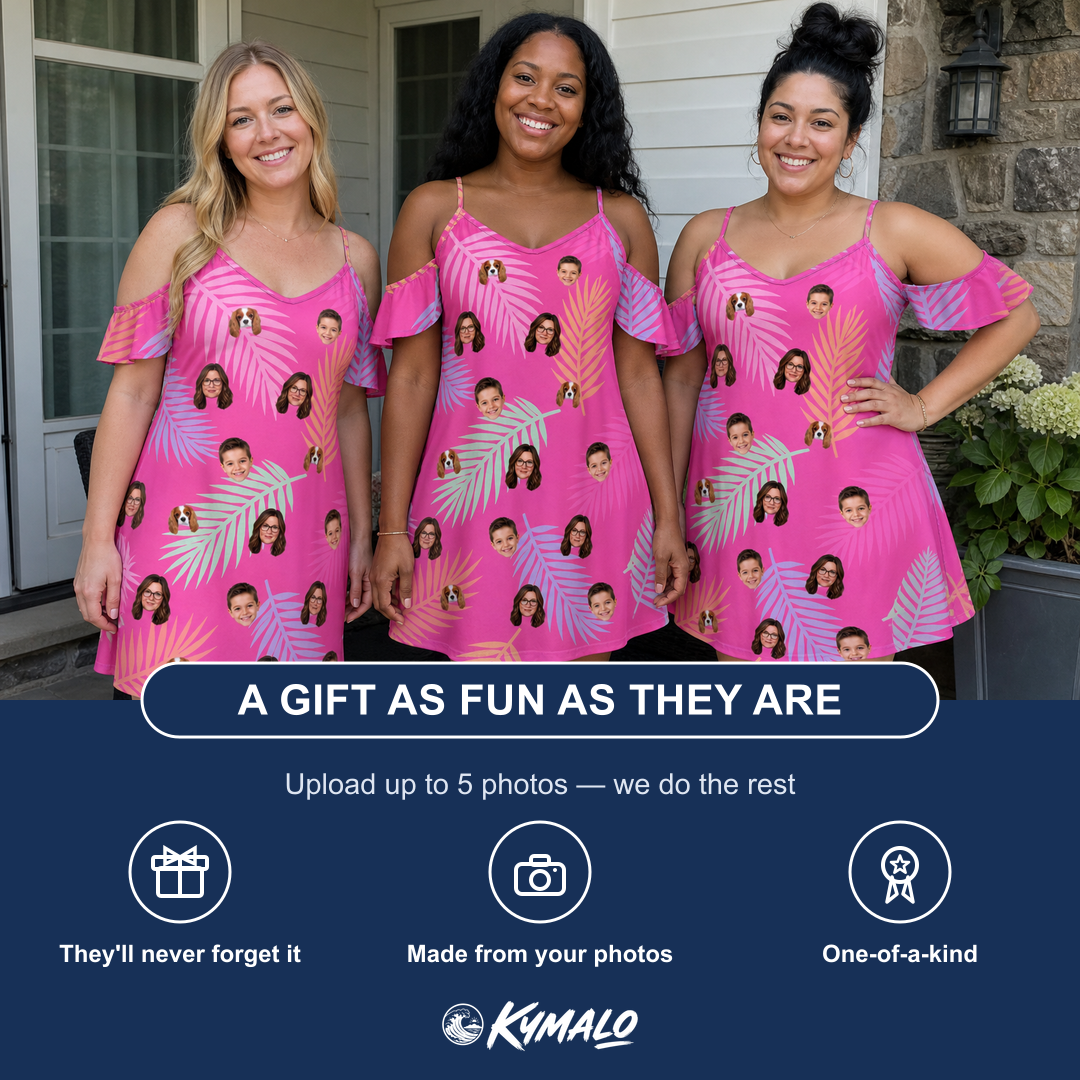 Friends in matching Women's Swaying Sweethearts Custom Face Off-Shoulder Dress — a group gift photo