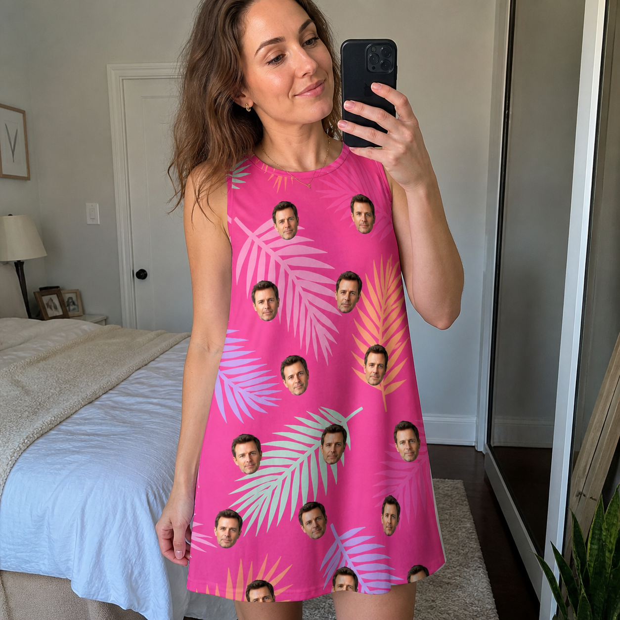 Real-life photo of someone wearing Women's Swaying Sweethearts Custom Face Tank Dress — custom faces printed all-over