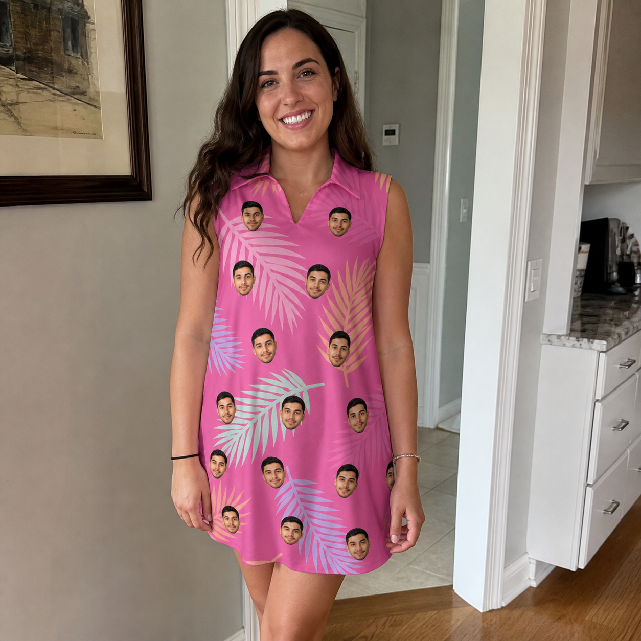 Real-life photo of someone wearing Women's Swaying Sweethearts Custom Face V-Neck Dress — custom faces printed all-over