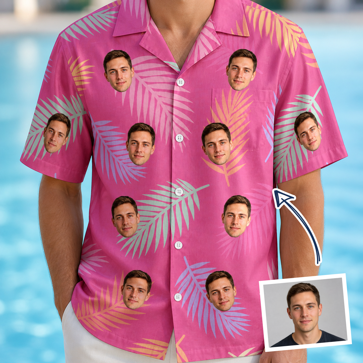 Man wearing Men's Swaying Sweethearts Custom Face Hawaiian Shirt — custom faces printed all-over