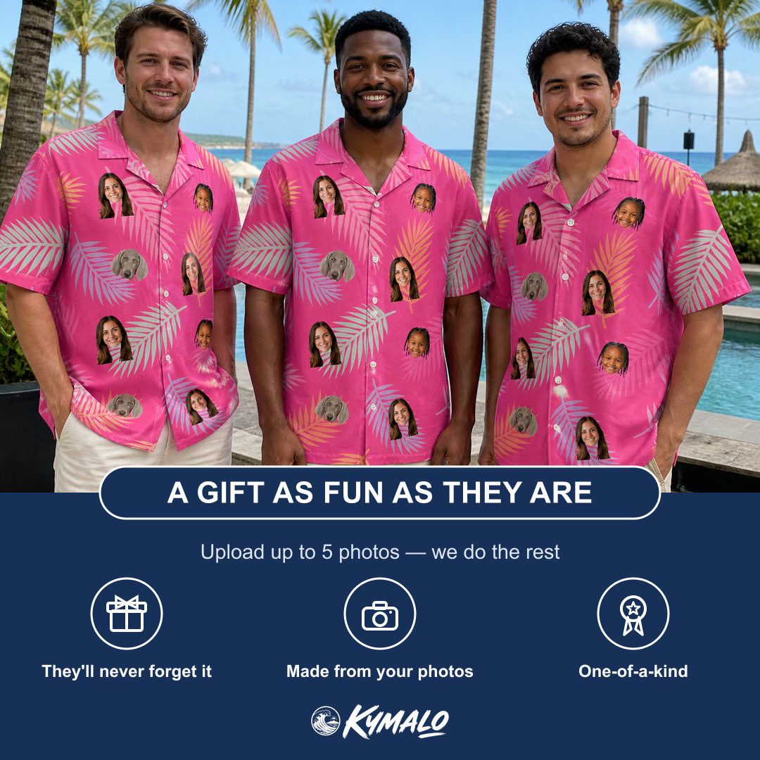 Friends in matching Men's Swaying Sweethearts Custom Face Hawaiian Shirt — a group gift photo