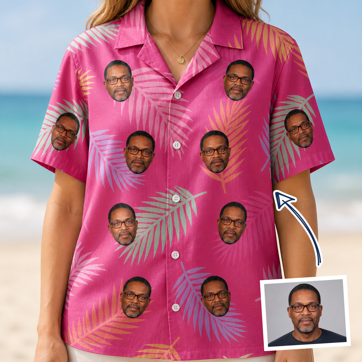 Woman wearing Women's Swaying Sweethearts Custom Face Hawaiian Shirt — custom faces printed all-over