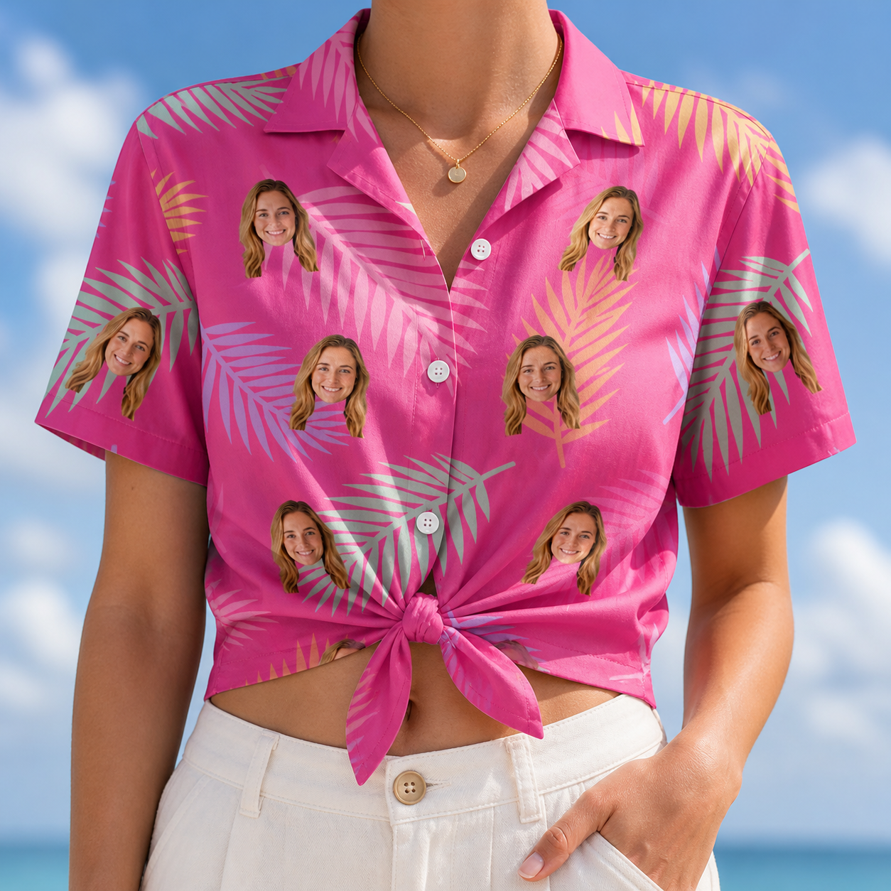 Woman wearing Women's Swaying Sweethearts Custom Face Hawaiian Shirt tied at the waist