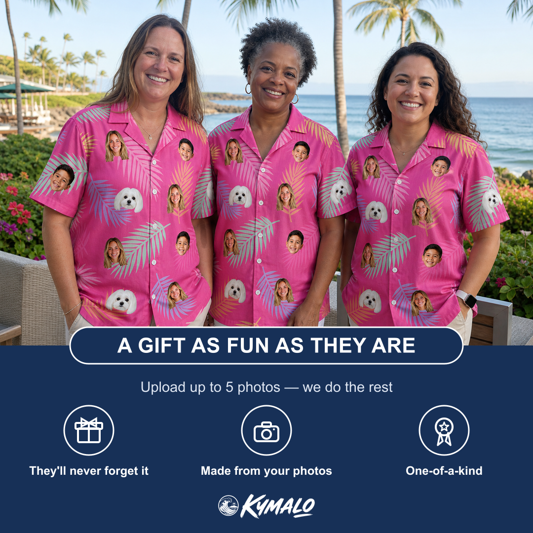 Friends in matching Women's Swaying Sweethearts Custom Face Hawaiian Shirt — a group gift photo