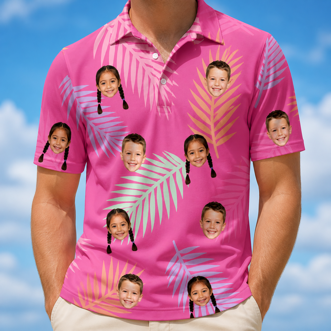 Model wearing Men's Swaying Sweethearts Custom Face Polo Shirt printed with kids' faces