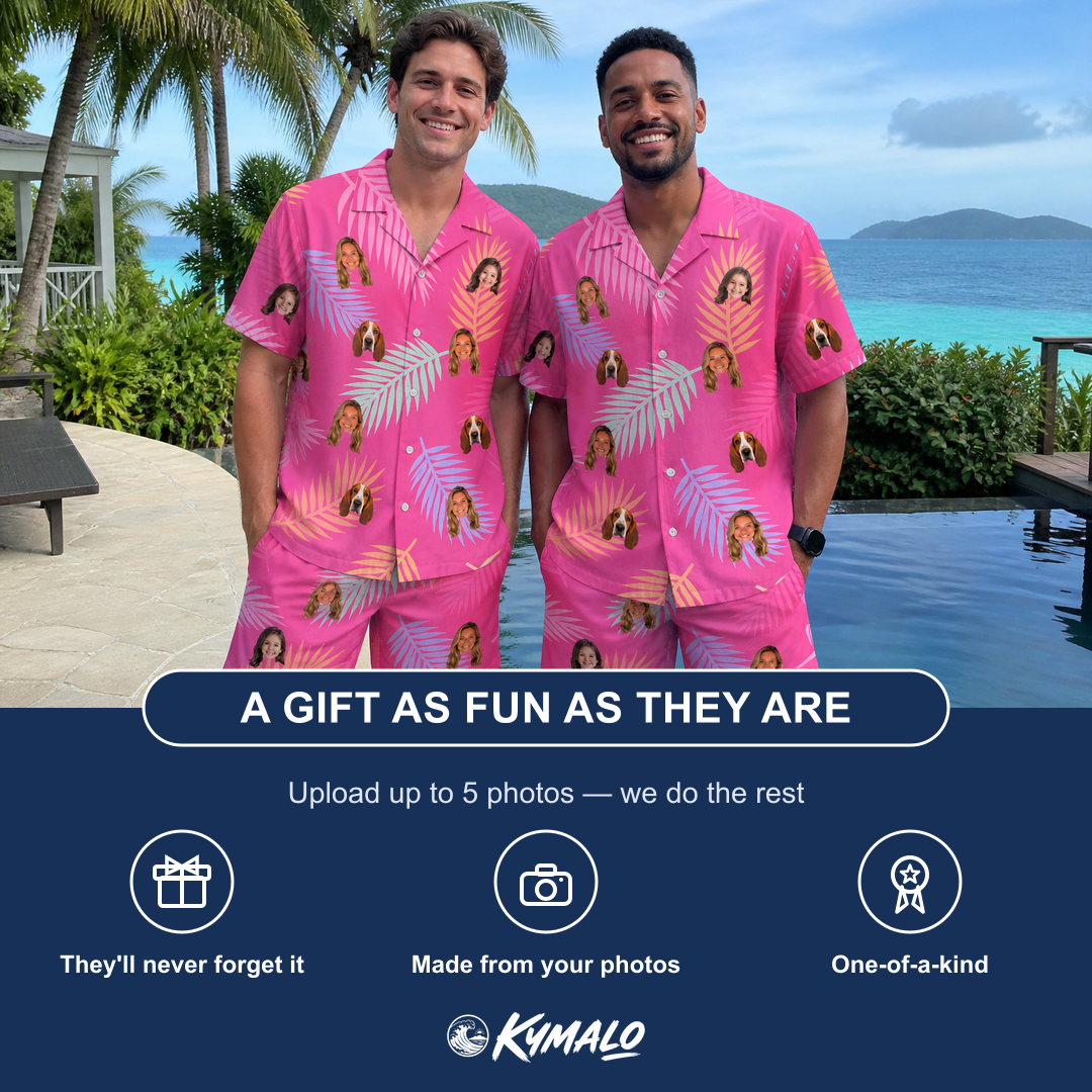Friends in matching Men's Swaying Sweethearts Custom Face Shirt & Shorts Set — a group gift photo