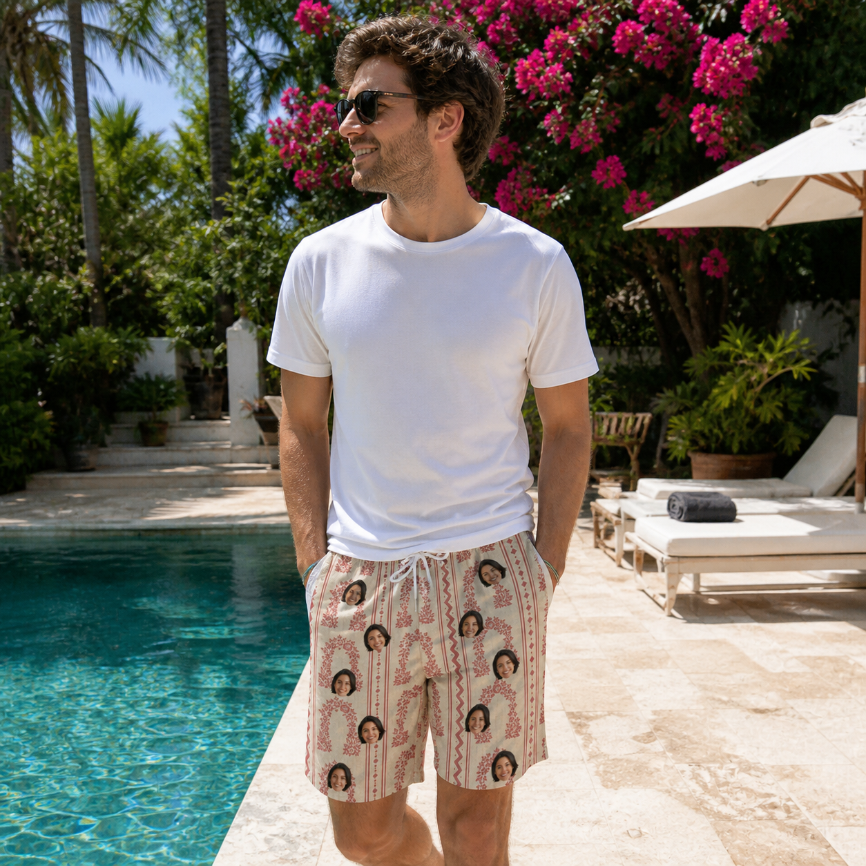 Real-life photo of someone wearing Men's Beach Bouquet Custom Face Beach Shorts — custom faces printed all-over