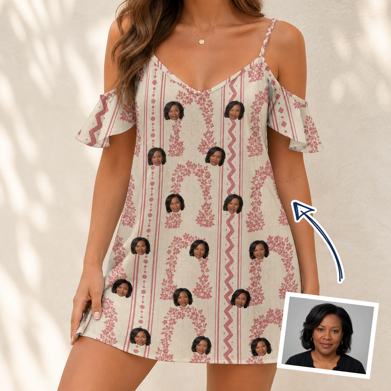 Woman wearing Women's Beach Bouquet Custom Face Off-Shoulder Dress — custom faces printed all-over