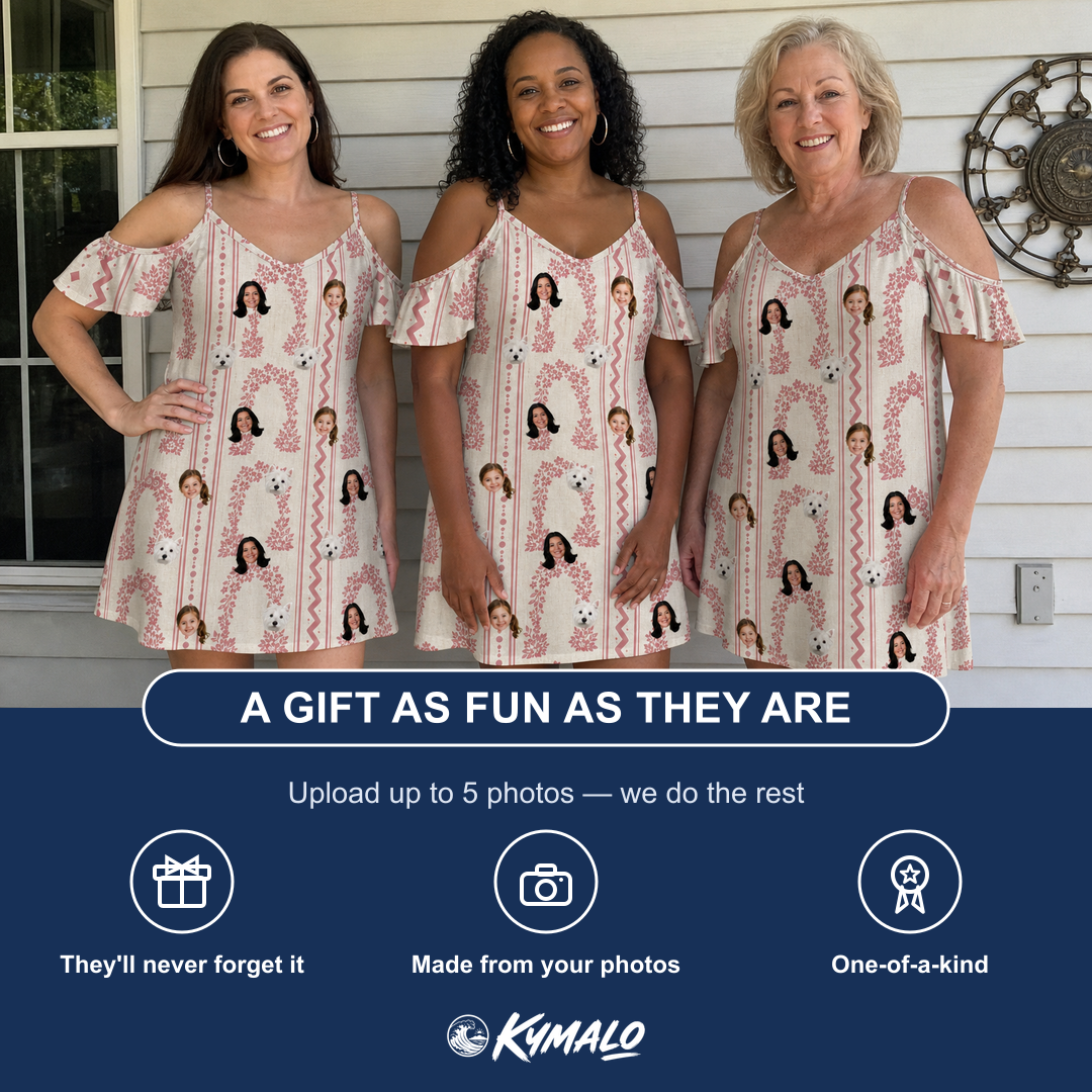 Friends in matching Women's Beach Bouquet Custom Face Off-Shoulder Dress — a group gift photo