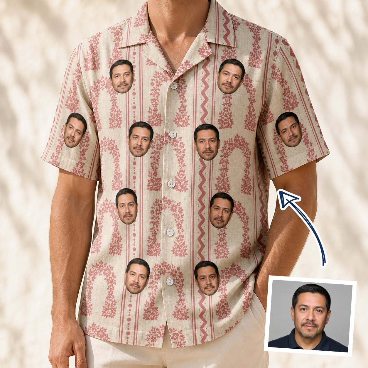 Man wearing Men's Beach Bouquet Custom Face Hawaiian Shirt — custom faces printed all-over