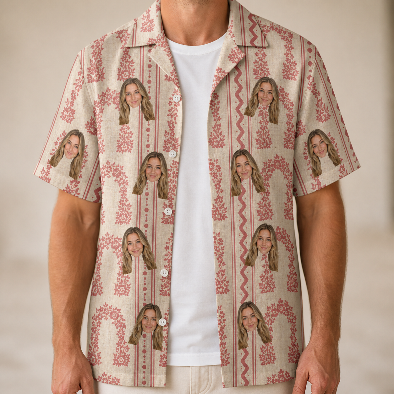 Man wearing Men's Beach Bouquet Custom Face Hawaiian Shirt open over a white tee