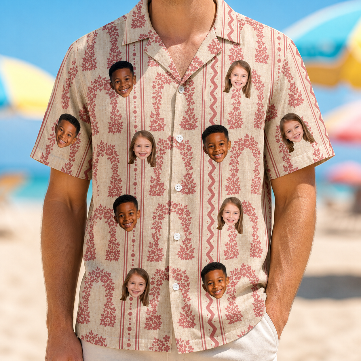 Model wearing Men's Beach Bouquet Custom Face Hawaiian Shirt printed with kids' faces