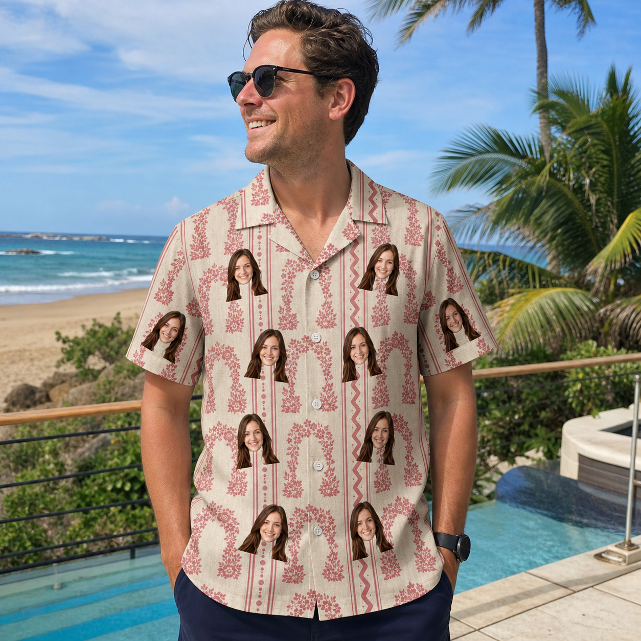Real-life photo of someone wearing Men's Beach Bouquet Custom Face Hawaiian Shirt — custom faces printed all-over