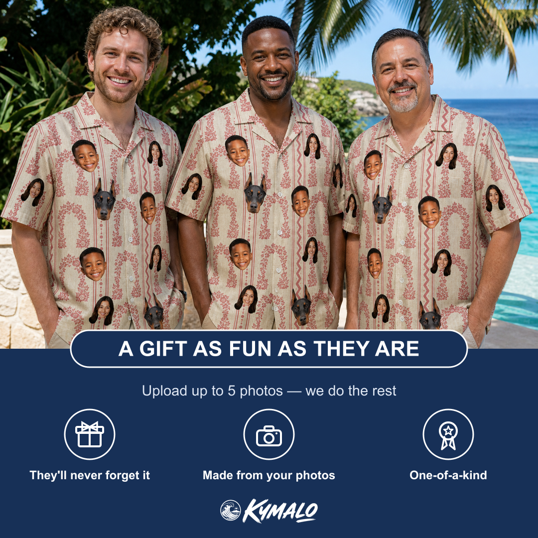 Friends in matching Men's Beach Bouquet Custom Face Hawaiian Shirt — a group gift photo