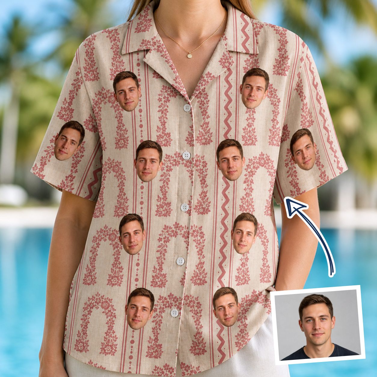 Woman wearing Women's Beach Bouquet Custom Face Hawaiian Shirt — custom faces printed all-over